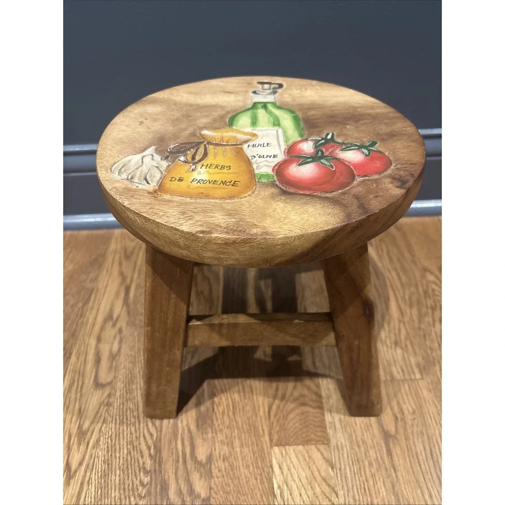 Rustic Carved wood Stool Hand Painted 10
